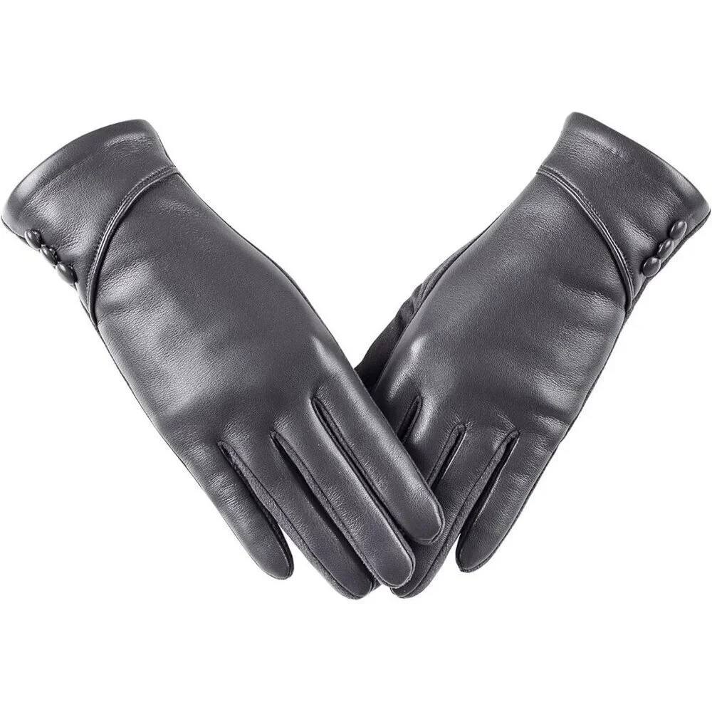Women's Winter Leather Gloves Touch Screen Wool Lined Windproof Warm Suede Grey